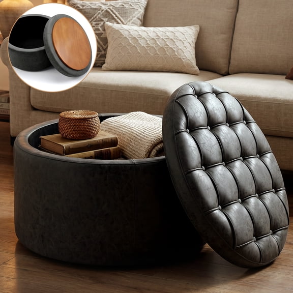 Easthome Multi-Function Round Storage Ottoman with Lockable Casters, Detachable Wood Tray Top, Button Tufted Foot Stool for Living Room Bedroom Study, Black