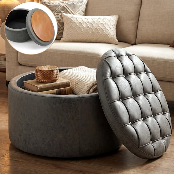 Easthome Multi-Function Round Storage Ottoman with Lockable Casters, Detachable Wood Tray Top, Button Tufted Foot Stool for Living Room Bedroom Study, Black