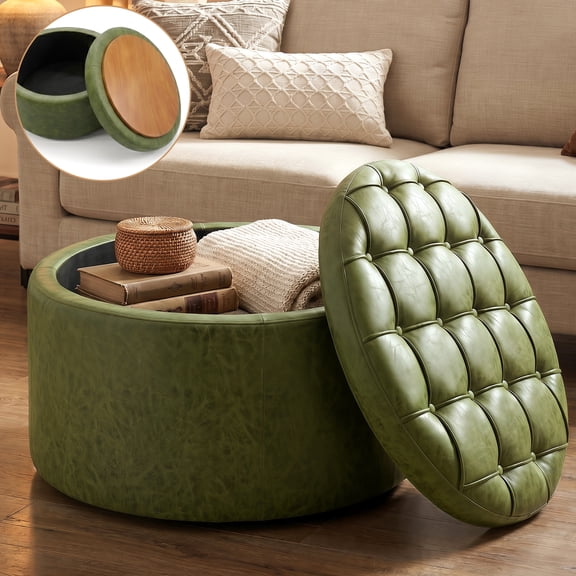 Easthome Multi-Function Round Storage Ottoman with Lockable Casters, Detachable Wood Tray Top, Button Tufted Foot Stool for Living Room Bedroom Study, Green