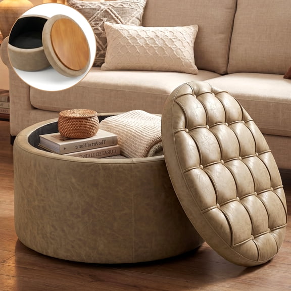 Easthome Multi-Function Round Storage Ottoman with Lockable Casters, Detachable Wood Tray Top, Button Tufted Foot Stool for Living Room Bedroom Study, Khaki