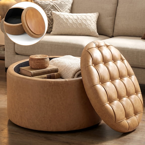 Easthome Multi-Function Round Storage Ottoman with Lockable Casters, Detachable Wood Tray Top, Button Tufted Foot Stool for Living Room Bedroom Study, Khaki