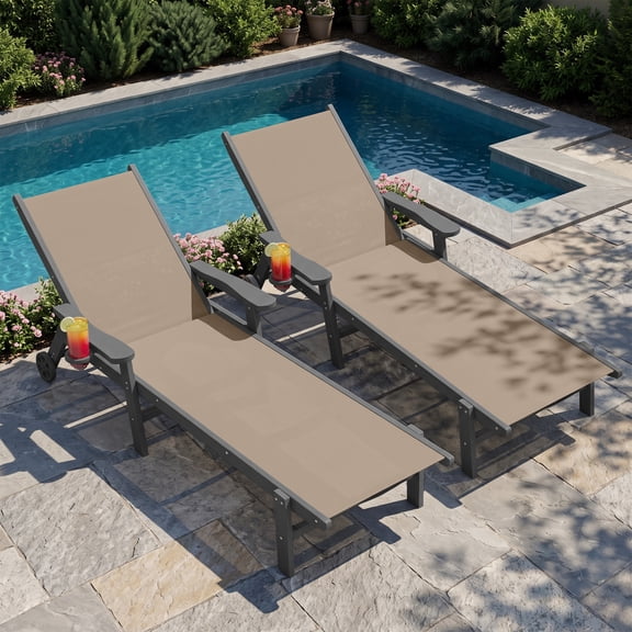 Easthome Outdoor Chaise Lounge Chair Set of 2 W/Wheels & Cup Holder, 5-Position Adjustable Adjustable Backrest, All Weather HDPE Textilene Mesh for Pool Backyard Garden,Khaki
