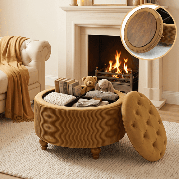 Easthome Round Storage Ottoman, Divided Compartment, Removable Top, Solid Wood Gourd-Shaped Legs, Button Tufted Multi-Function Footrest Bench for Living Room, Bedroom, Khaki