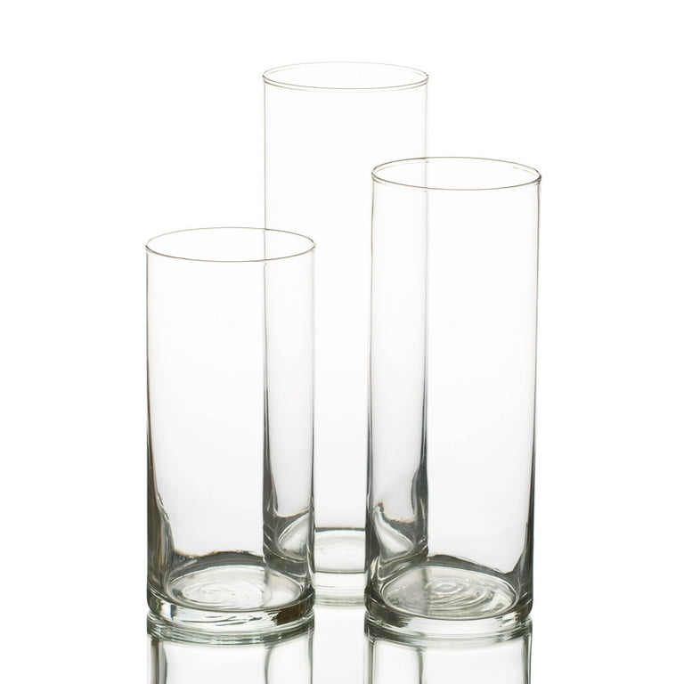 Three cylinder vases with clear water beads and white, ivory and a