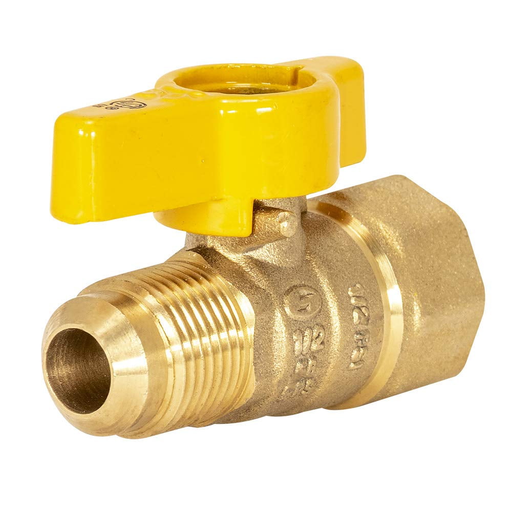 Eastman Brass Straight-Flare Gas Ball Valve with Yellow Handle, 1/2 Inch FIP x 1/2 Inch OD Tube
