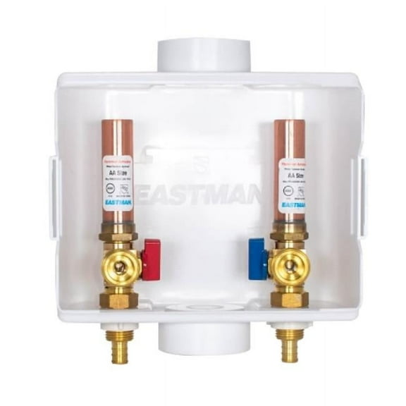 Eastman 60247 Center Drain Washing Machine Outlet Box with Hammer Arrestors, 1/2 inch Crimp PEX, White