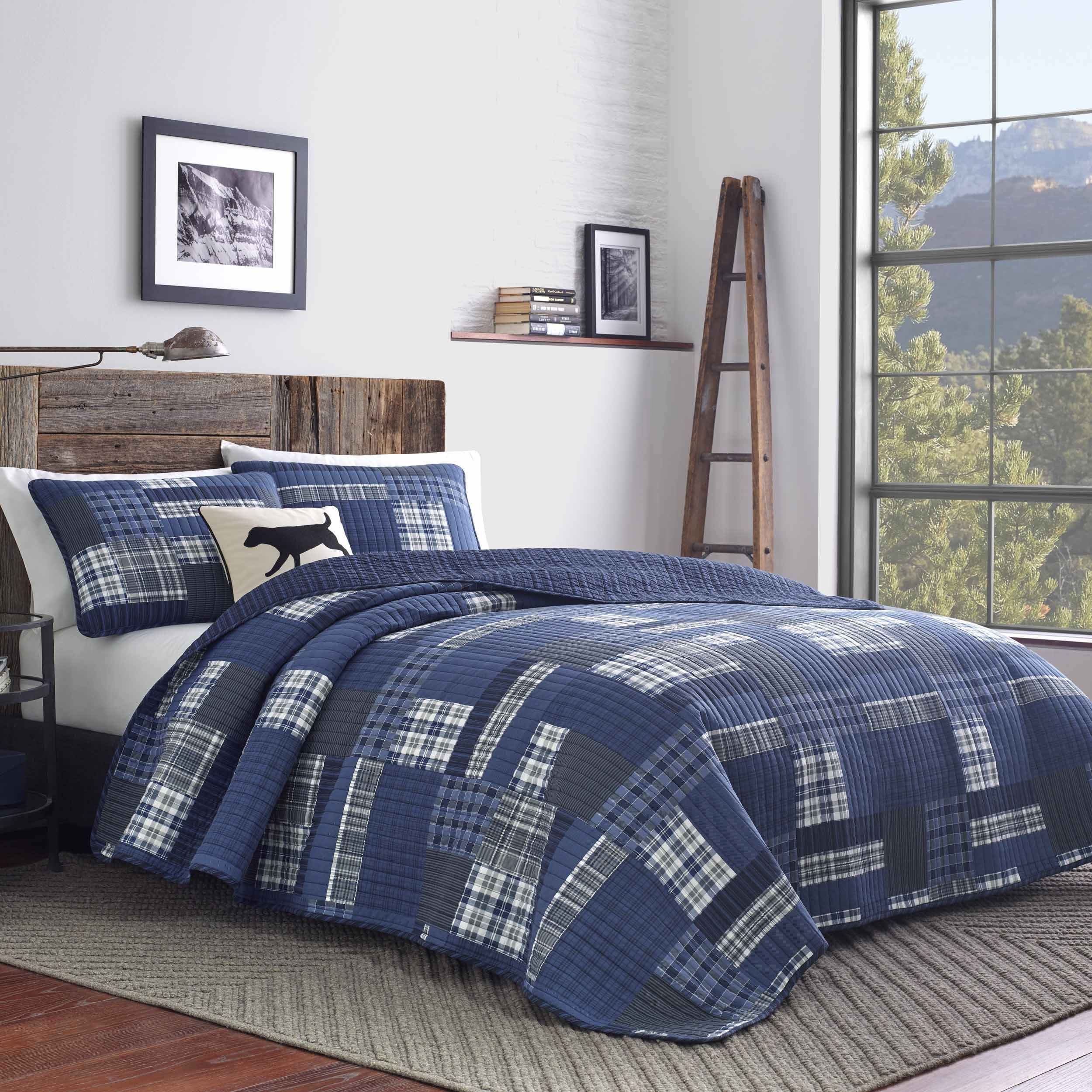 Full Blue Cotton Reversible Quilt Set