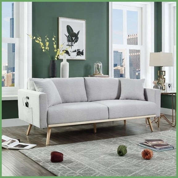 Easton 75" Light Gray Linen Modern Sofa with USB Port, Side Pockets & Included Pillows for Living Room