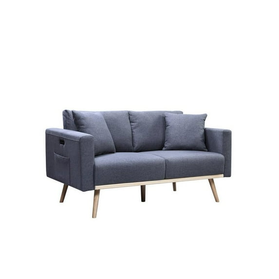 Easton Dark Gray Linen Fabric Loveseat with USB Charging Ports Pockets & Pillows
