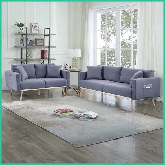 Easton Dark Gray Linen Fabric Sofa Loveseat Set - Modern Living Room Furniture with USB Ports, Magazine Pockets & Pillows
