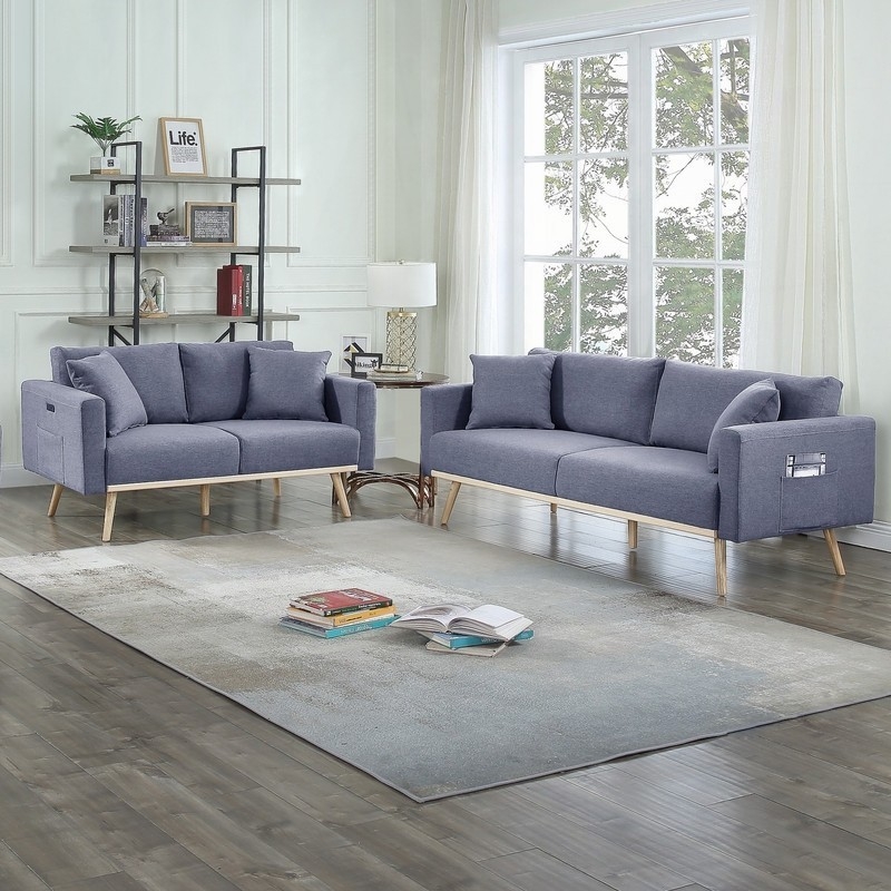 Modern Gray Linen Loveseat with USB & Pockets for Living Room (75"x30"x30"H)
