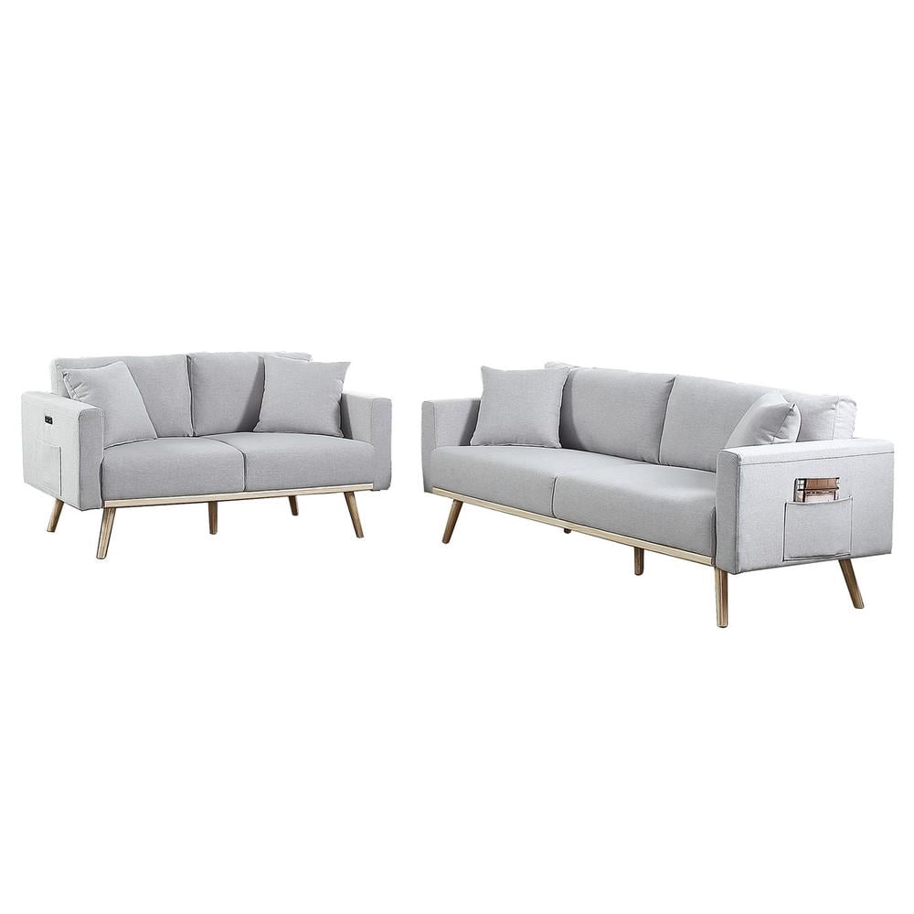 Lilola Home Light Gray Linen Fabric Sofa Loveseat Living Room Set with ...