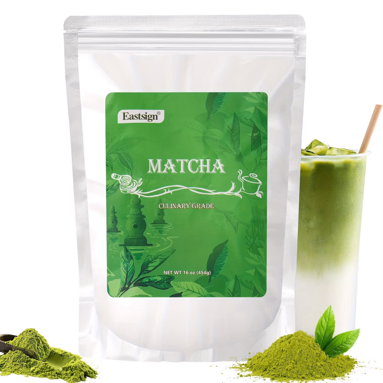 Eastsign 16oz Culinary Grade Matcha Tea Powder,High-Quality Green Tea, Gluten-Free, Vegan, Sugar-Free, Ideal for Hot & Cold Drinks, Baking & More