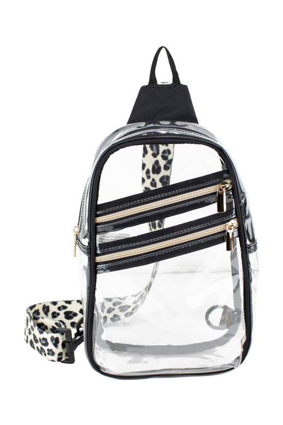 Clear Fashion Sling Backpack, Black/Leopard
