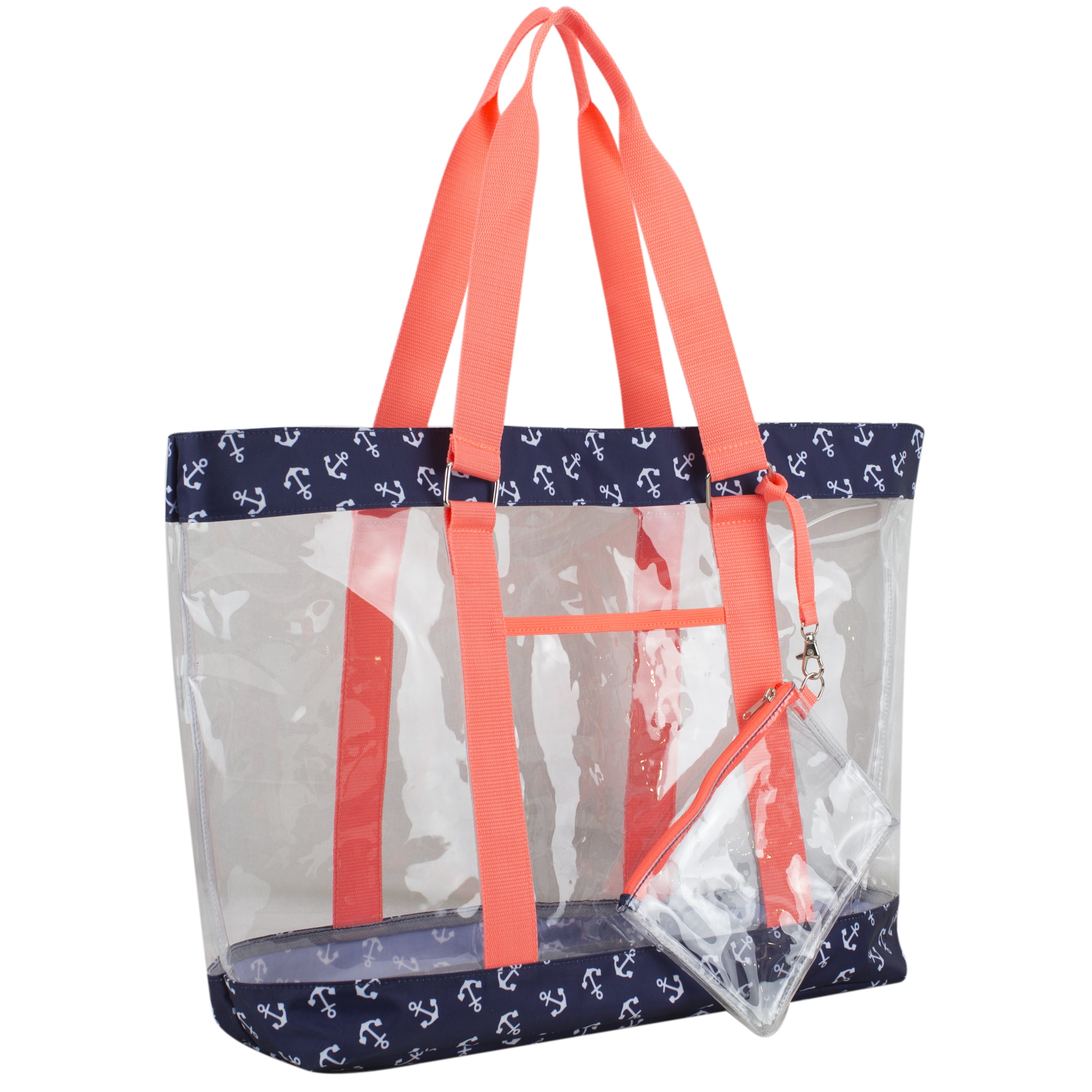 Eastsport Supreme Deluxe Clear Tote with Wristlet, Coral Blue Anchors