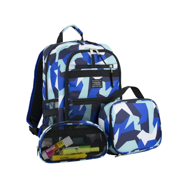 Eastsport Unisex 3-Piece Combo Backpack with Lunch Box and Pouch, Blue  White Jagged