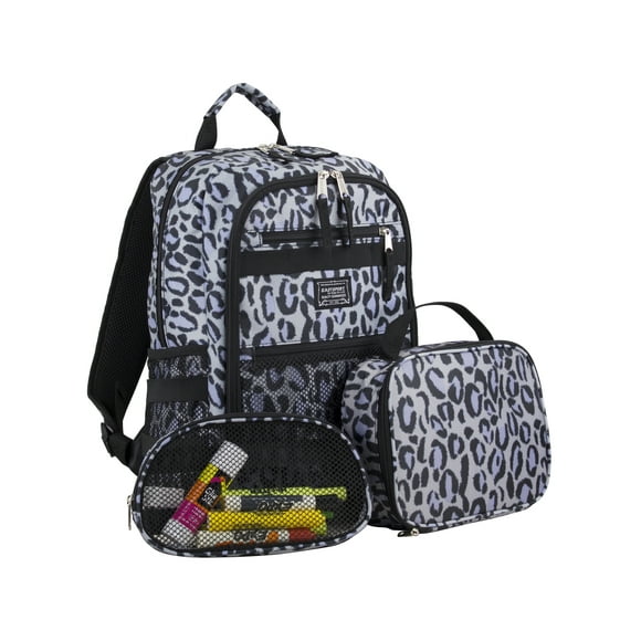 Eastsport Unisex 3-Piece Combo Backpack with Lunch Box and Pouch, Gray Leopard