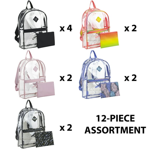 Eastsport Unisex Clear Backpack with Pencil Case, Assorted Color (12-Pack)