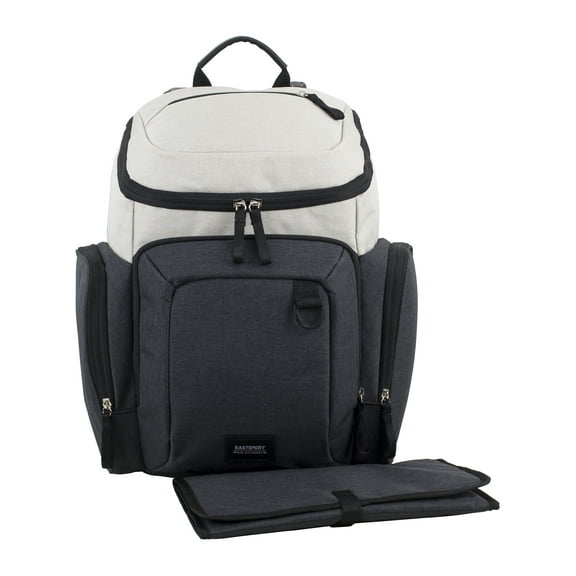 Eastsport Wooster St. Large Backpack Diaper Bag with Adjustable Shoulder Straps, Bonus Changing Pad, Stroller Straps and Insulated Zipper Pockets, Off-White/Grey