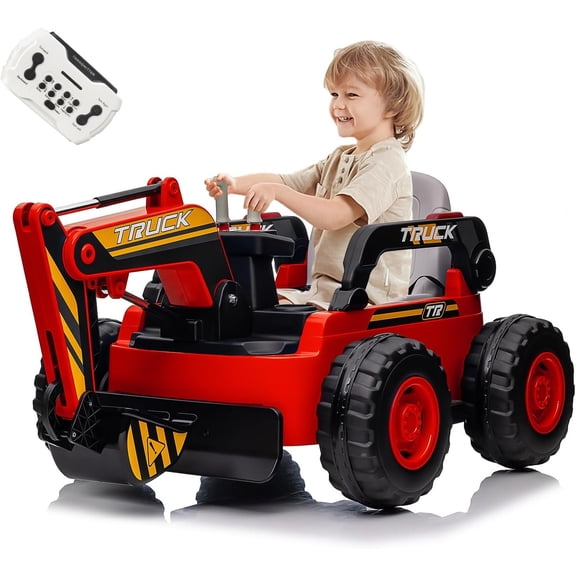 Eastvita 12V 4WD Electric Excavator for Kids, Remote, Spring Suspension, Bluetooth, Red
