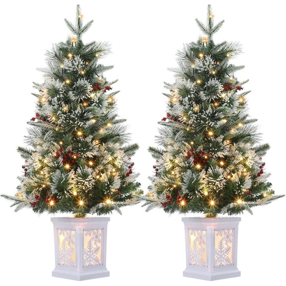 Eastvita 2Pcs 3FT (D) Snow Flocked Christmas Tree, 78 Lights, 8 Lighting Modes, Hinged Base, Artificial Holiday Decor