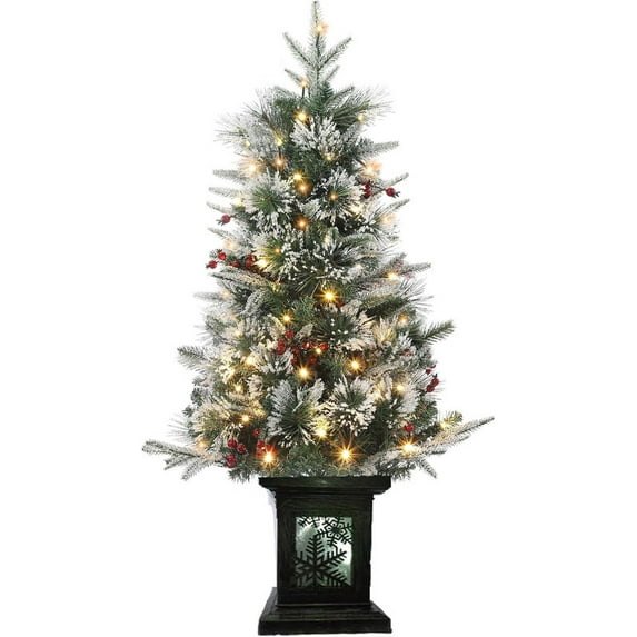 Eastvita 3FT (A) Pre-Lit Potted Flocked Christmas Tree, 78 Warm White LEDs, Snow Frosted Mini Tabletop Xmas Holiday Decor
