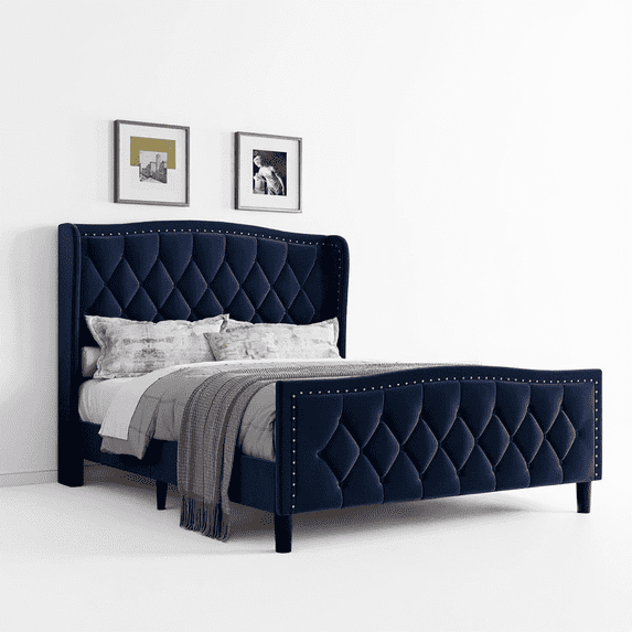 Eastvita 49.21" Full Size Platform Bed Frame, Velvet Upholstered Wingback Headboard, Navy Blue