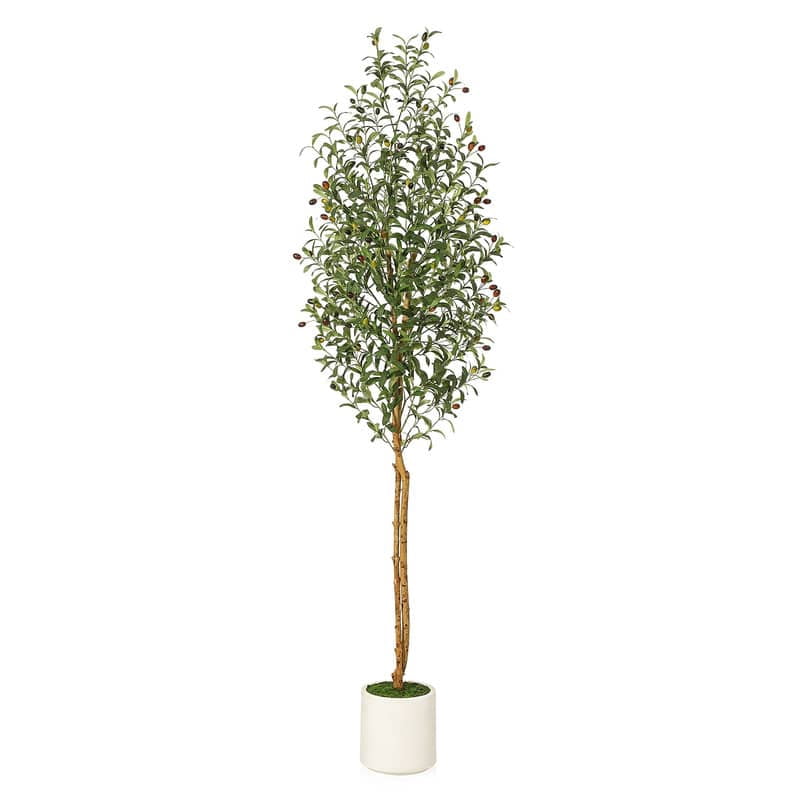 Eastvita 5FT/6FT/7FT Fake Olive Tree w/ Realistic Faux Silk Leaves, White Planter Pot, Natural Wood Trunk, & Green Moss - Great for Home, Office, Garden, & Living Room Decor, Indoor/Outdoor