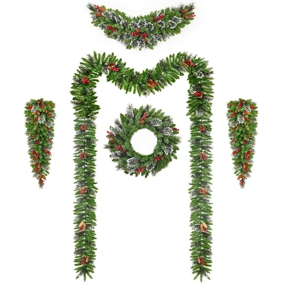 Eastvita (A) 6FT Pre-Lit Christmas Wreath & Garland Set, LED Artificial Décor, 1 Wreath & Arc Garland, Home Holiday Decor