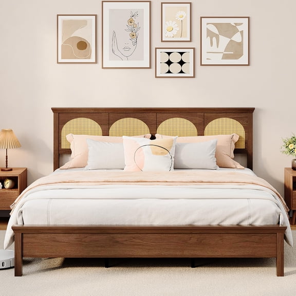 Eastvita Boho Full Bed Frame with Woven Wicker Headboard Rustic Acacia Wood Platform Vintage Design KING Brown