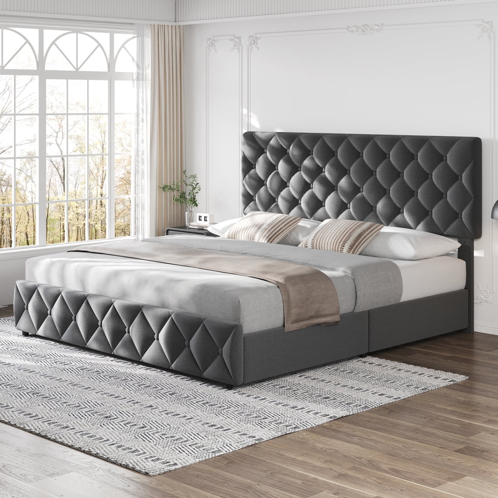 Eastvita Full/Queen/King Size Bed Frame with 4 Storage Drawers and Headboard, Linen Upholstered Platform Bed Frame, Diamond Stitched Button Tufted, Easy Assemble, Noise-Free, No Box Spring Needed
