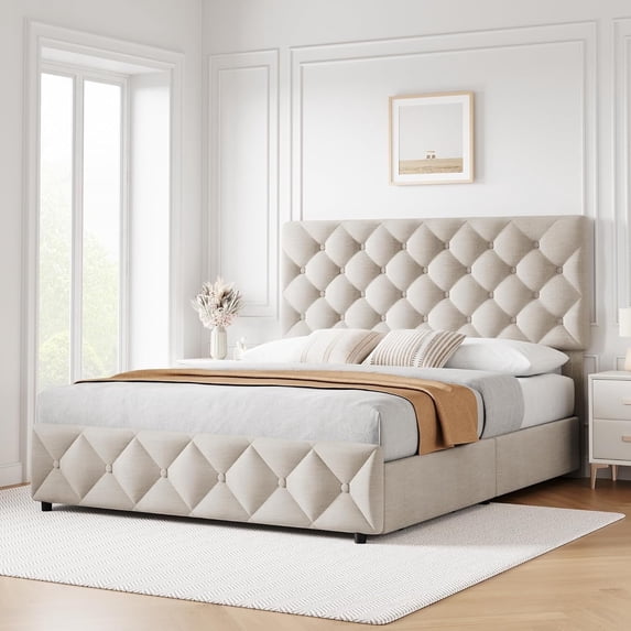Eastvita Full Size Bed Frame with 4 Storage Drawers and Adjustable Headboard, Upholstered Platform Bed, No Box Spring Needed, White