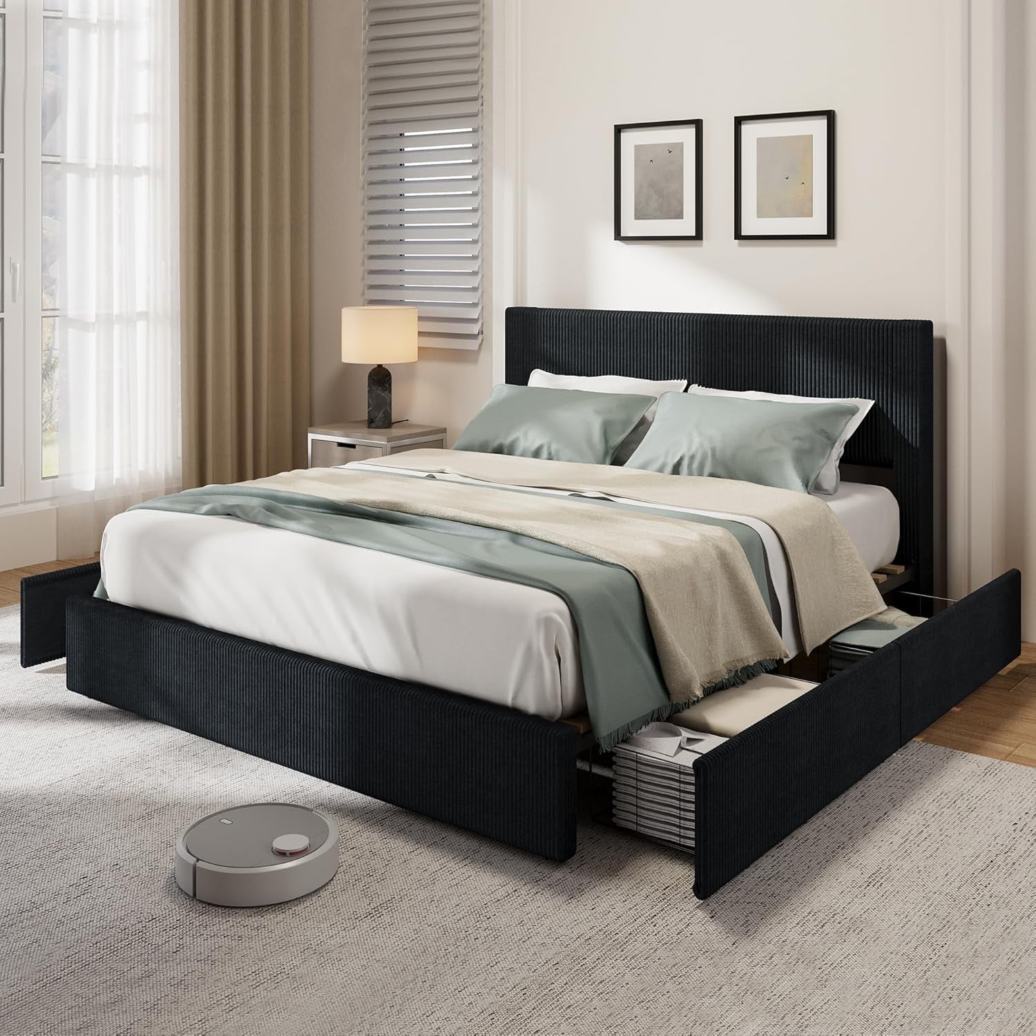 Eastvita Full Size Corduroy Upholstered Platform Bed Frame - 4 Storage Drawers, Tufted Wingback Headboard, Wood Slat Support, Black