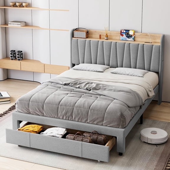 Eastvita Full Size Upholstered Platform Bed Frame - Storage Headboard with Drawer, Charging Station, Linen, Light Grey