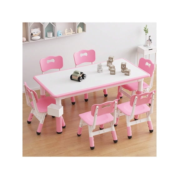 Eastvita Kids Table And 6 Chairs Set With Storage Box. H Adj Toddler Table And Chair Set For Ages 2-10. Graffiti Desktop. Non-Slip Legs. Children Activity Table For Daycare Classroom Home (