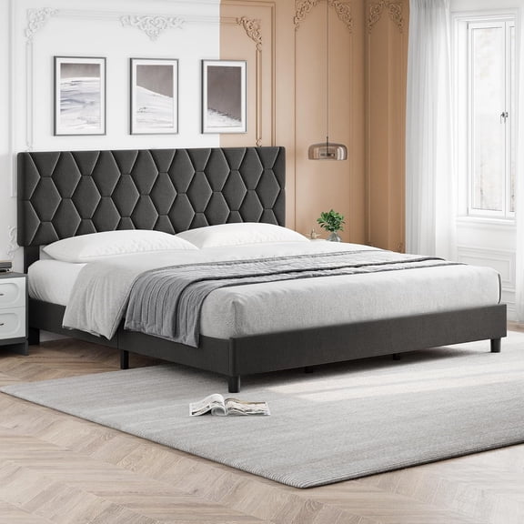 Eastvita King Size Platform Bed Frame with Adjustable Upholstered Diamond Headboard, Wood Slat Support, Grey