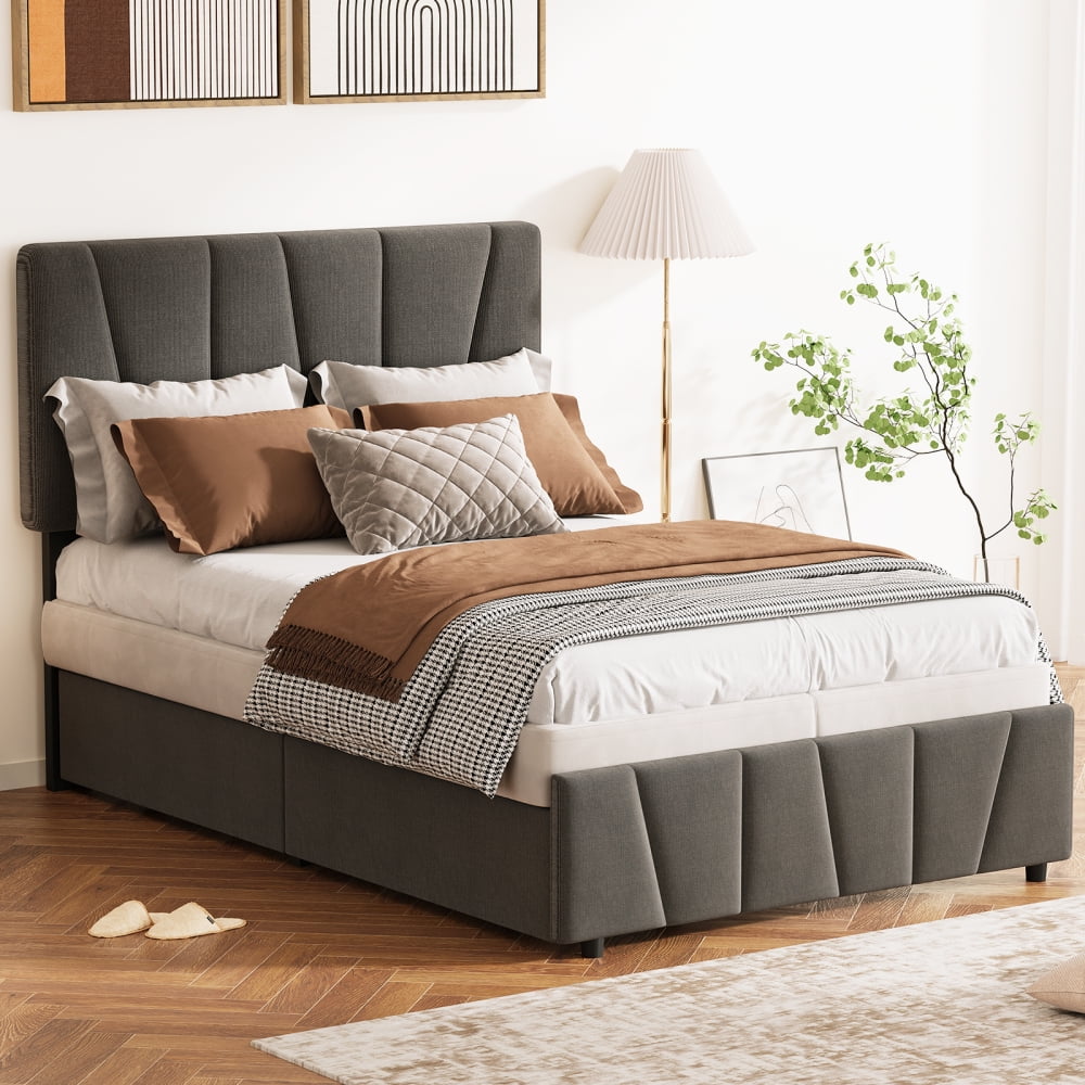 Eastvita King Size Upholstered Platform Bed Frame with 2 Storage Drawers and Adjustable Headboard, Wooden Slats Support, No Box Spring Needed