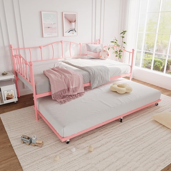 Eastvita Metal Twin Daybed with Trundle, Pullout Trundle Bed, Sofa Bed Frame with Steel Slat Support, No Box Spring Needed, Pink Bed with Headboard, Bedroom, Living Room, Guest Room