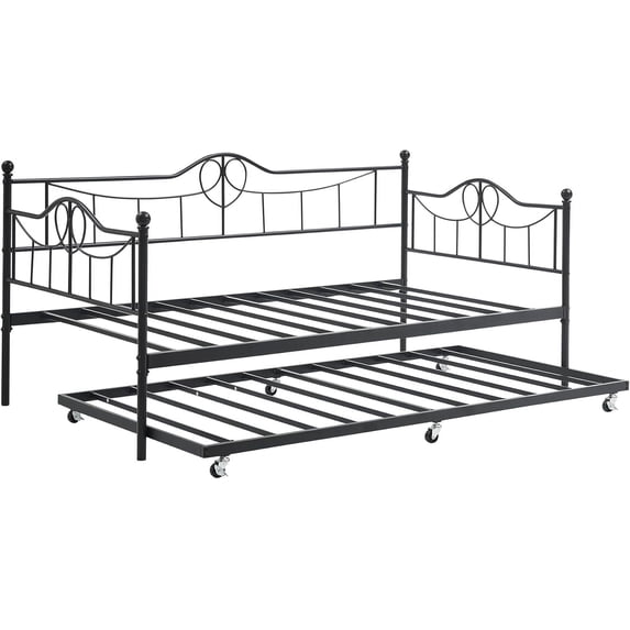Eastvita Metal Twin Size Bed Frame with Trundle, Heavy Duty Pull-Out Daybed Sofa Bed with Headboard and Side Armrests, Easy Assembly, Living Room, Bedroom, Guest Room