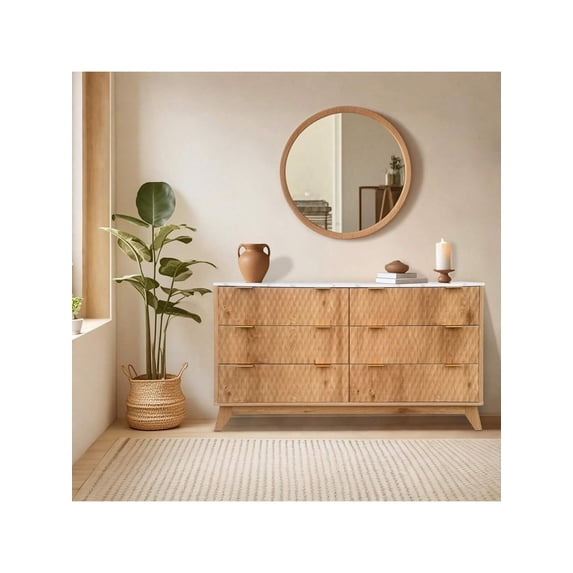 Eastvita Modern Style Wood Bedroom Chest Of Dresser, 54" Drip Pattern Six-Drawer Chest With Faux Marble Top, Wide Wood Farmhouse Dresser, Drawer Storage Organizer For Nursery, Bedroom,