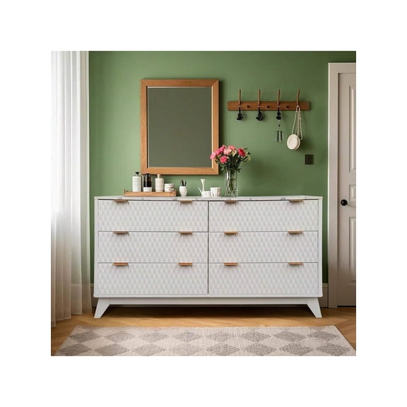 Eastvita Modern Style Wood Bedroom Chest Of Dresser, 54" Drip Pattern Six-Drawer Chest With Faux Marble Top, Wide Wood Farmhouse Dresser, Drawer Storage Organizer For Nursery, Bedroom,