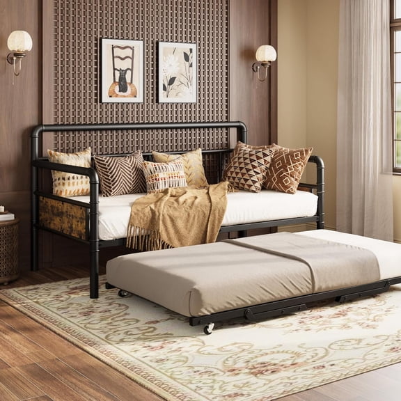 Eastvita Twin Metal Daybed with Pop-Up Trundle, Industrial Vintage Sofa Bed Frame Set with Locking Casters, Steel Slat Support, Black