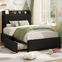 Eastvita Twin Size Bed Frame with Storage Drawers & Charging Station, Rustic Velvet Platform, Black