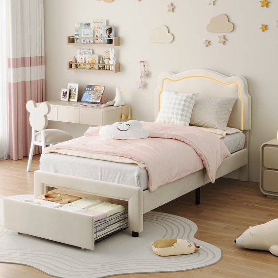 Eastvita Twin Size Smart LED Upholstered Bed Frame, Adjustable Headboard, Velvet Princess Platform Bed, Wooden Slat Support, No Box Spring Required
