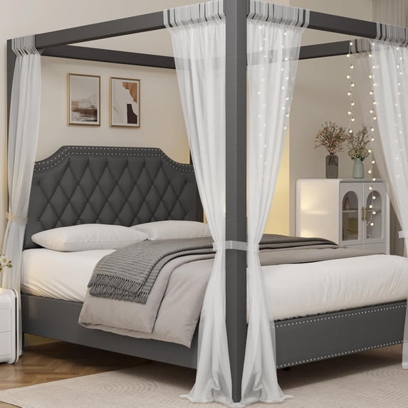 Eastvita Upholstered Canopy Bed Frame, Queen Size, Headboard, Button Tufted, Nailhead Trim, No Box Spring, Dark Grey