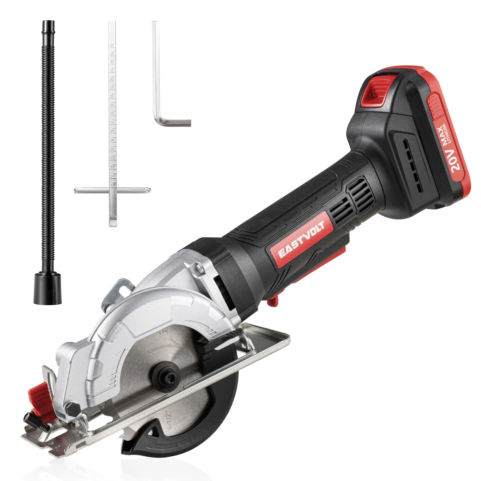Eastvolt Mini Circular Saw 20V Cordless Circular Saw with Scale Ruler Dust Exhaust Pipe Max Cutting Depth 1 11 16 90 1 1 8 45 4 1 2 24T