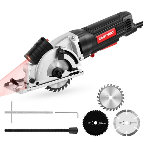 Eastvolt Mini Circular Saw, 5000RPM Compact Circular Saw with Laser Guide, scale ruler, 3 Blades for Cutting Woods, Plastics, Tile and Soft Metal