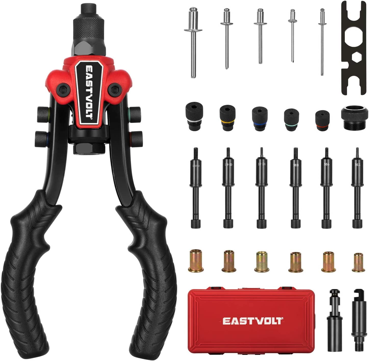 Eastvolt Rivet Nut Tool, 3 in 1 Hand Rivet, Rivet Gun Rivet Nut Tool Reamer 3 in 1 Set, Including 60Pcs Rivet Nuts, 6 Metric \u0026 SAE Mandrels and 2 Reaming Mandrels with Carrying Case