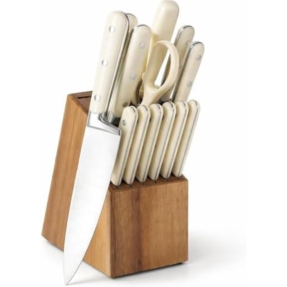 Eastwalk 14 Piece High Carbon Stainless Steel Cutlery Kitchen Knife Block Set w/ABS Triple Riveted Forged Handle Acacia Wood Block - Linen White