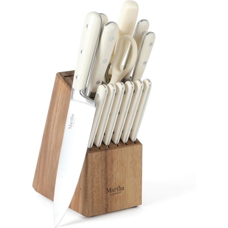 Eastwalk 14 Piece High Carbon Stainless Steel Cutlery Kitchen Knife Block Set w/ABS Triple Riveted Forged Handle Acacia Wood Block - Linen White
